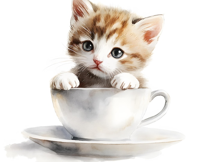 Kitten in a Cup Clipart, Teacup Kitten Images, 10 Watercolor Clip Art, Printable JPGs, Instant Download, Commercial Use, Paper craft