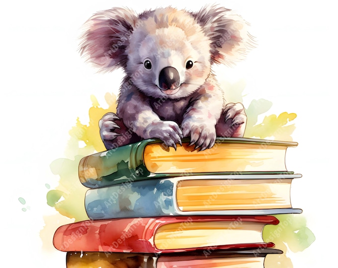 Koala Sitting Clipart, Koala On Books Images, 10 Watercolor Clip Art, Printable JPGs, Instant Download, Commercial Use, Paper craft