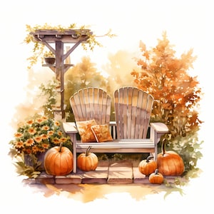 Gartenbank Clipart, Herbst Sitzbilder, 10 Aquarell Clip Art, druckbare JPGs, Sofort Download, kommerzielle Nutzung, Papiermodell