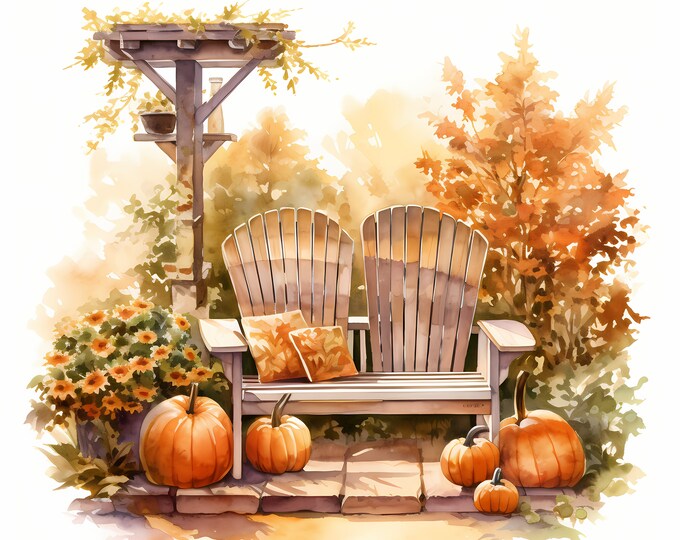 Garden Bench Clipart, Autumn Seating Images, 10 Watercolor Clip Art, Printable JPGs, Instant Download, Commercial Use, Paper craft