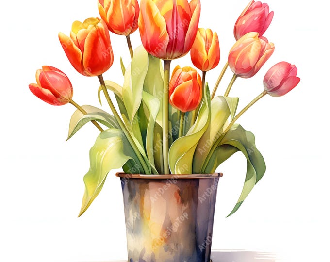 Tulips Clipart, Pot With Tulips Images, 10 Watercolor Clip Art, Printable JPGs, Instant Download, Commercial Use, Paper craft