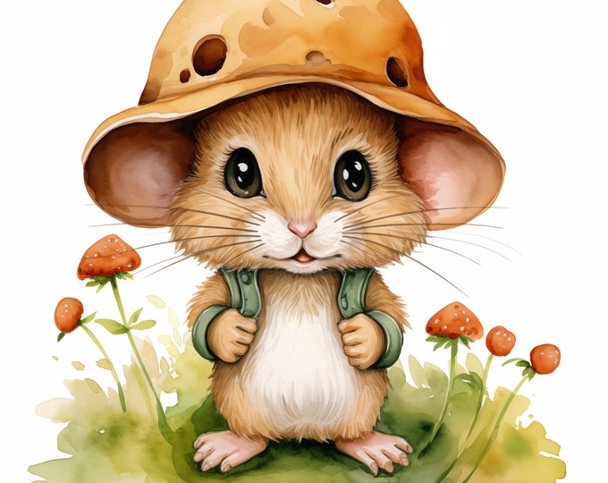 Baby Mouse Clipart, Mouse in Hat Images, 10 Watercolor Clip Art, Printable JPGs, Instant Download, Commercial Use, Paper craft