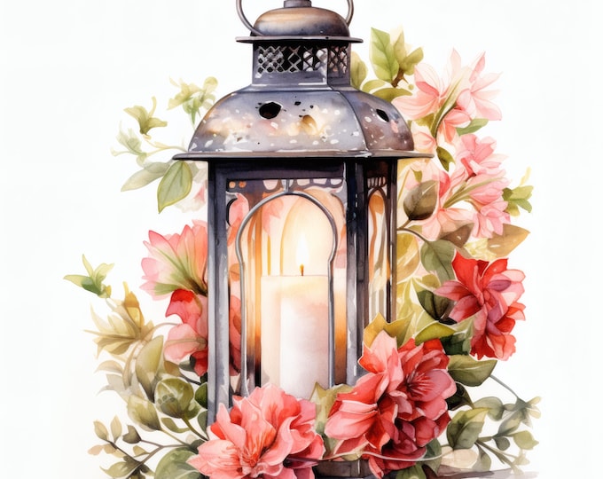 Floral Lantern Clipart, Vintage Candle Lantern Images, 10 Watercolor Clip Art, Printable JPGs, Instant Download, Commercial Use, Paper craft