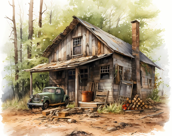 Wood Shack Clipart, Cabin in Woods Images, 10 Watercolor Clip Art, Printable JPGs, Instant Download, Commercial Use, Paper craft