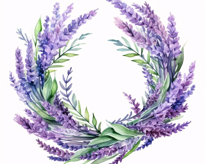Watercolor Lavender Wreath Clipart: Floral Images for Commercial Use (JPG Digital Download)