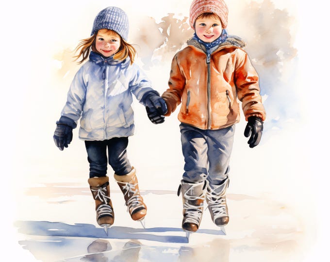 Ice Skating Clipart, Winter Kids Sport Images, 10 Watercolor Clip Art, Printable JPGs, Instant Download, Commercial Use, Paper craft