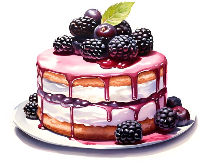 Blackberry Cake Clipart, Cake With Blackberry Images, 10 Watercolor Clip Art, Printable JPGs, Instant Download, Commercial Use, Paper craft