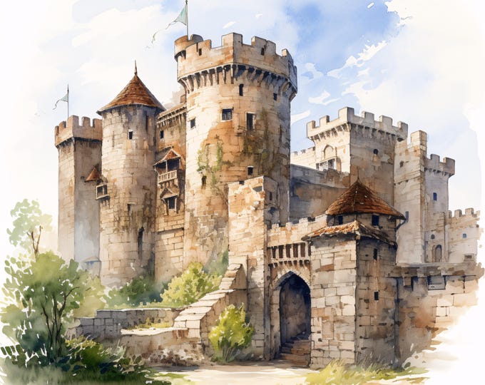 Medieval Castle Clipart, Fantasy Fortress Images, 10 Watercolor Clip Art, Printable JPGs, Instant Download, Commercial Use, Paper craft