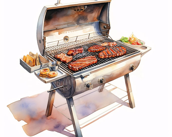 BBQ Grill Clipart, BBQ Grill Images, 10 Watercolor Clip Art, Printable JPGs, Instant Download, Commercial Use, Paper craft