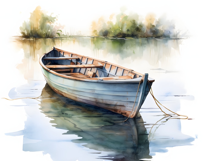 Boat On Lake Clipart, Boat in Nature Images, 10 Watercolor Clip Art, Printable JPGs, Instant Download, Commercial Use, Paper craft