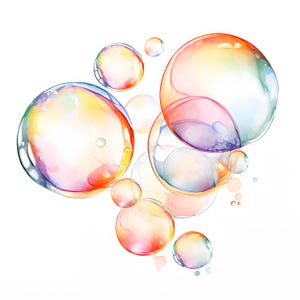 Könnte beinhalten: Eine Ansammlung von schillernden Seifenblasen in verschiedenen Größen, mit einem Regenbogen aus Farben, darunter Rosa, Gelb, Orange und Blau.