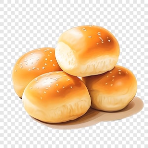Può includere: Illustrazione di quattro panini per hamburger dorati, cosparsi di semi di sesamo. I panini rotondi hanno una superficie leggermente lucida. L'immagine utilizza una calda tavolozza di colori.