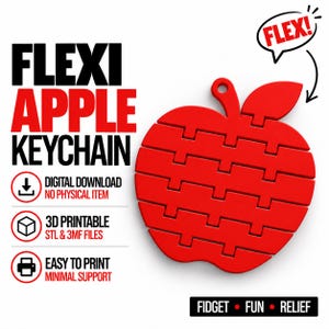 Op de afbeelding: Een rode, gearticuleerde appelvormige sleutelhanger met een gesegmenteerd, flexibel ontwerp. De tekst bevat FLEXI APPLE KEYCHAIN, DIGITAL DOWNLOAD NO PHYSICAL ITEM, 3D PRINTABLE STL & 3MF FILES, EASY TO PRINT MINIMAL SUPPORT en FIDGET FUN RELIEF.