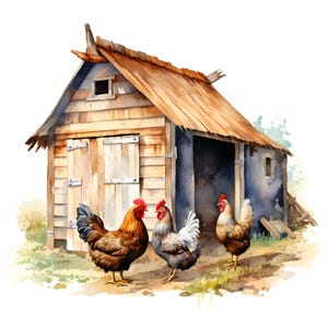 Imágenes prediseñadas de gallinero, imágenes de gallinas de granja, 10 imágenes prediseñadas de acuarela, archivos JPG imprimibles, descarga instantánea, uso comercial, manualidades de papel