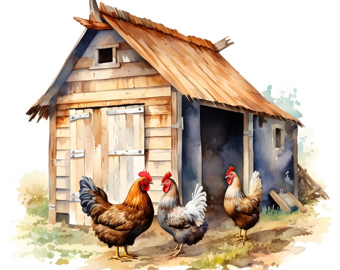 Chicken Coop Clipart, Farm Chickens Images, 10 Watercolor Clip Art, Printable JPGs, Instant Download, Commercial Use, Paper craft