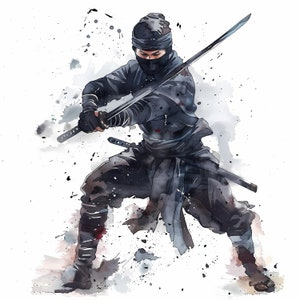 Ninja Clipart, Japan Ninja Images, 10 Watercolor Clip Art, Printable JPGs, Instant Download, Commercial Use, Paper craft