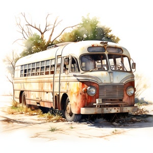Imágenes prediseñadas de autobús abandonado, imágenes de autobús antiguo, 10 imágenes prediseñadas de acuarela, JPG imprimibles, descarga instantánea, uso comercial, artesanía de papel