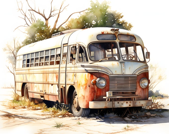 Abandoned Bus Clipart, Old Bus Images, 10 Watercolor Clip Art, Printable JPGs, Instant Download, Commercial Use, Paper craft