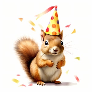 Squirrel Clipart, Squirrel with Party Hat Images, 10 Watercolor Clip Art, Printable JPGs, Instant Download, Commercial Use, Paper craft