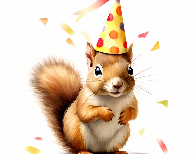 Squirrel Clipart, Squirrel with Party Hat Images, 10 Watercolor Clip Art, Printable JPGs, Instant Download, Commercial Use, Paper craft