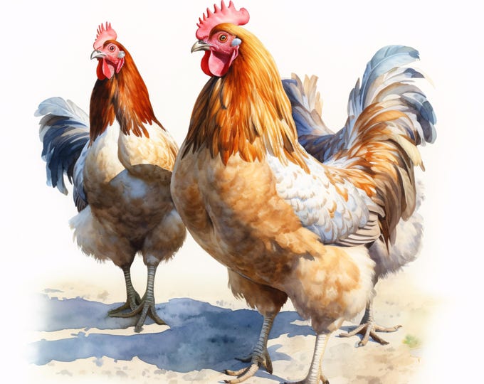Chickens Clipart, Rooster Hen Images, 10 Watercolor Clip Art, Printable JPGs, Instant Download, Farmhouse Decor