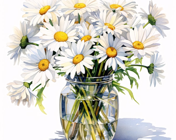 Daisies Vase Clipart, White Flower Images, 10 Watercolor Clip Art, Printable JPGs, Instant Download, Commercial Use, Paper Craft