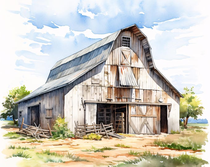 Watercolor Farm Barn Clipart: Rustic Building Illustrations (JPG Download, Commercial Use
