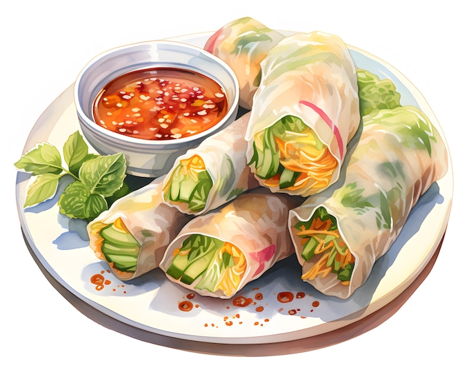 Vegetarian Rolls Clipart, Veggie Spring Rolls Images, 10 Watercolor Clip Art, Printable JPGs, Instant Download, Commercial Use, Paper craft
