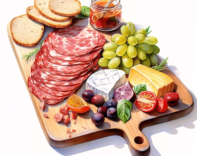 Charcuterie Board Clipart, Cheese Platter Images, 10 Watercolor Clip Art, Printable JPGs, Instant Download, Paper craft
