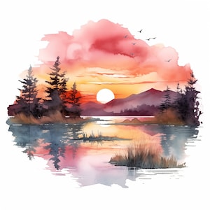 Puede incluir: Pintura acuarela de una puesta de sol sobre un lago con montañas en el fondo. El cielo es una mezcla de rosa, naranja y amarillo, y el sol se pone detrás de las montañas. Hay árboles en la orilla del lago, y el agua refleja los colores del cielo.