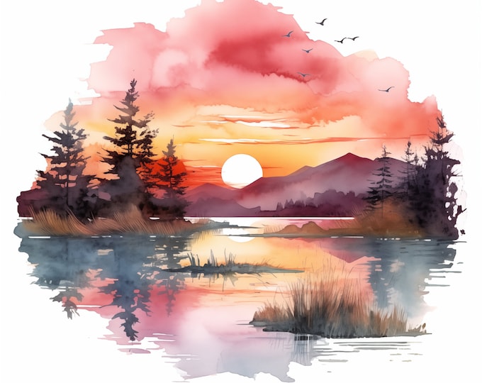 Lakeside Sunset Clipart, Sunset Over Lake Images, 10 Watercolor Clip Art, Printable JPGs, Instant Download, Commercial Use, Paper craft