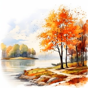 Watercolor Autumn Landscape Clipart: Fall Nature JPGs (Commercial Use)