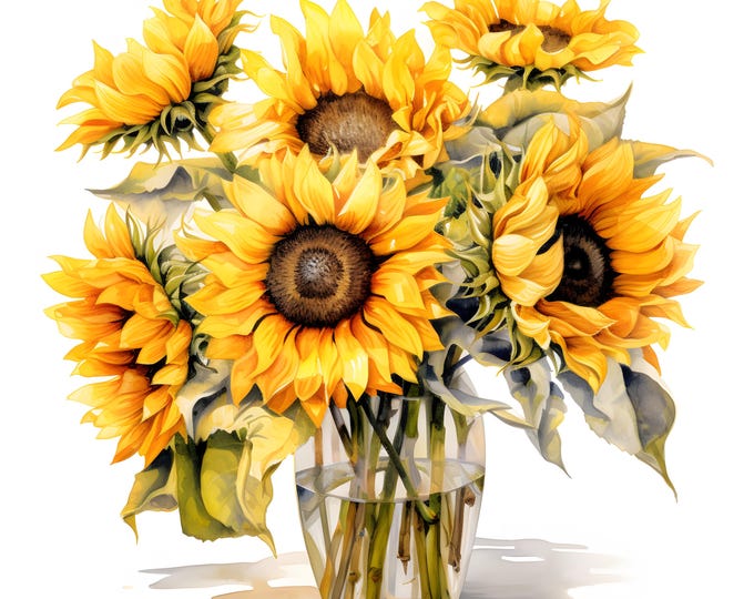 Sunflowers Clipart, Sun Flowers Bouquet Images, 10 Watercolor Clip Art, Printable JPGs, Instant Download, Commercial Use, Paper craft