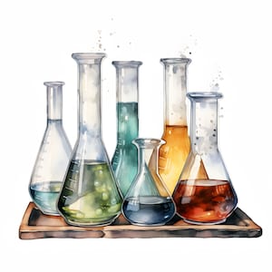 Chemistry Flasks Clipart, Antique Test Tubes Images, 10 Watercolor Clip Art, Printable JPGs, Instant Download, Commercial Use, Paper craft