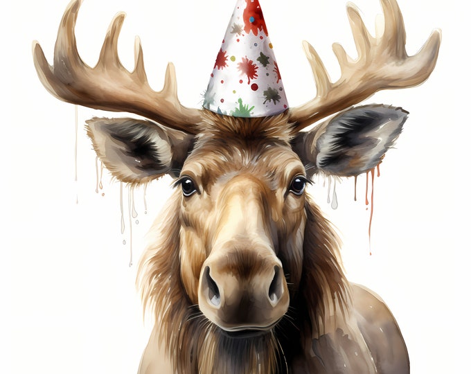 Moose Clipart, Moose with Party Hat Images, 10 Watercolor Clip Art, Printable JPGs, Instant Download, Commercial Use, Paper craft