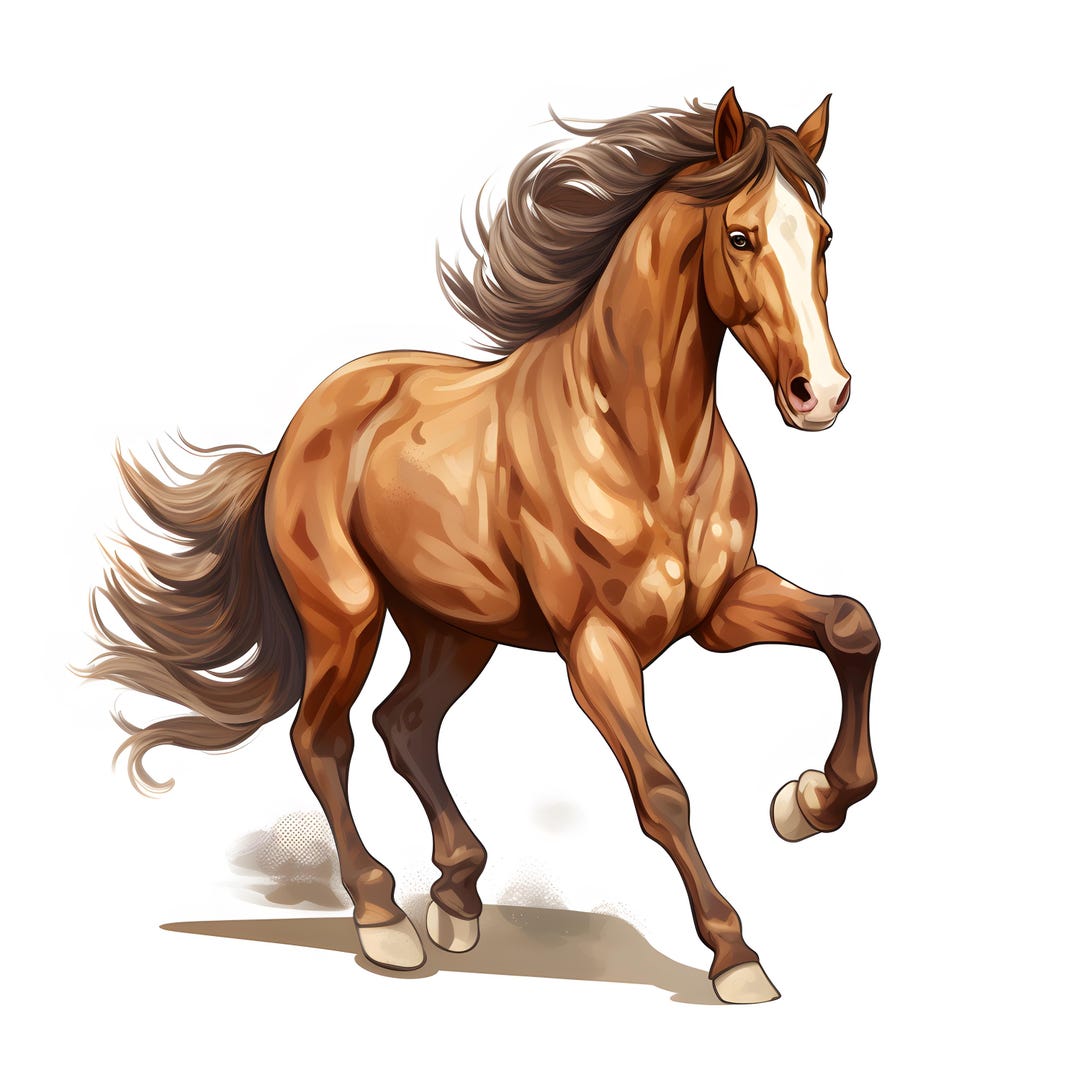 水彩画の走る馬のクリップアート：茶色の馬の画像（JPG、即時