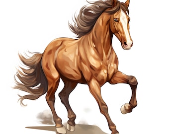 Clipart de caballo corriendo en acuarela: Imágenes de caballos marrones (JPG, descarga instantánea)
