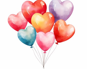 Watercolor Heart Balloons Clipart: Valentine's Day Images (JPG, Commercial Use)