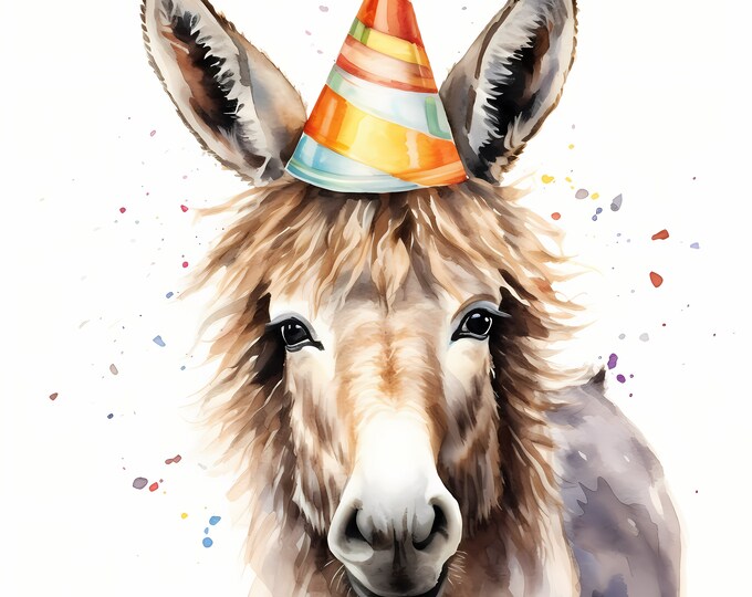 Donkey Clipart, Donkey with Party Hat Images, 10 Watercolor Clip Art, Printable JPGs, Instant Download, Commercial Use, Paper craft