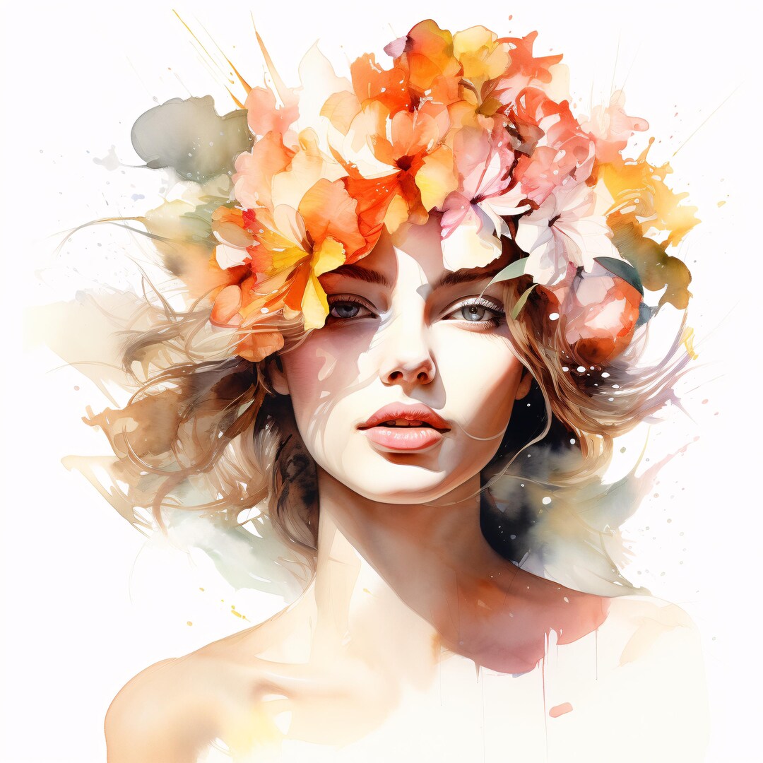 花柄の女性ポートレートクリップアート：水彩画の美人顔画像（JPG