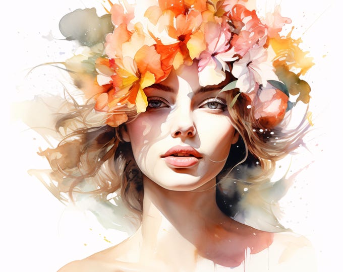 Floral Woman Portrait Clipart: Watercolor Beauty Face Images (JPGs, Commercial Use
