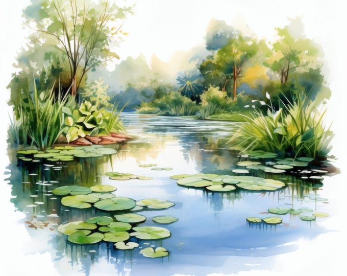 Lake Scene Clipart, Pond and Plants Images, 10 Watercolor Clip Art, Printable JPGs, Instant Download, Commercial Use, Paper craft
