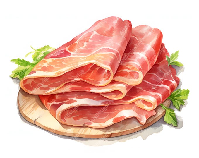Prosciutto Clipart, Italian Dry Cured Ham Images, 10 Watercolor Clip Art, Printable JPGs, Instant Download, Commercial Use, Paper craft