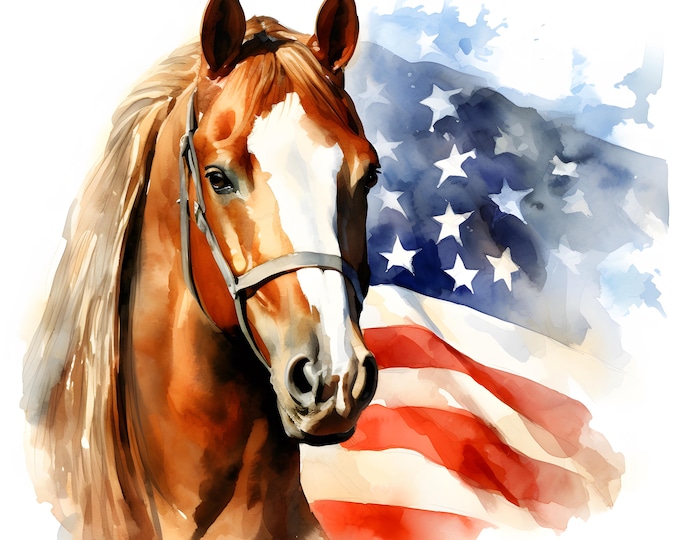 Patriotic Horse Clipart, American Horse With USA Flag Images, 10 Watercolor Clip Art, Printable JPGs, Instant Download, Commercial Use