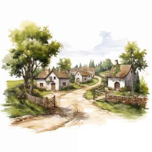 Village Clipart, Miniature Village Images, 10 Watercolor Clip Art, Printable JPGs, Instant Download, Commercial Use, Paper craft