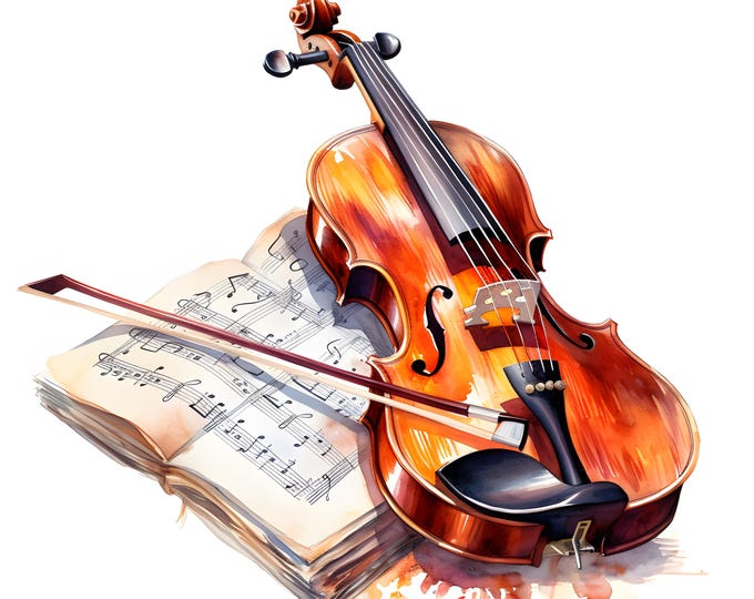 Violin with Music Notes Clipart, Vintage Violin Images, 10 Watercolor Clip Art, Printable JPGs, Instant Download, Commercial Use