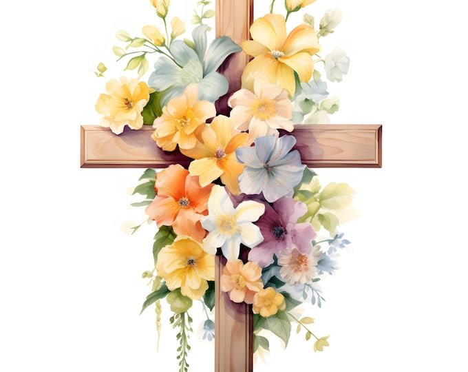 Wooden Cross Clipart, Florals Cross Images, 10 Watercolor Clip Art, Printable JPGs, Instant Download, Commercial Use, Paper craft