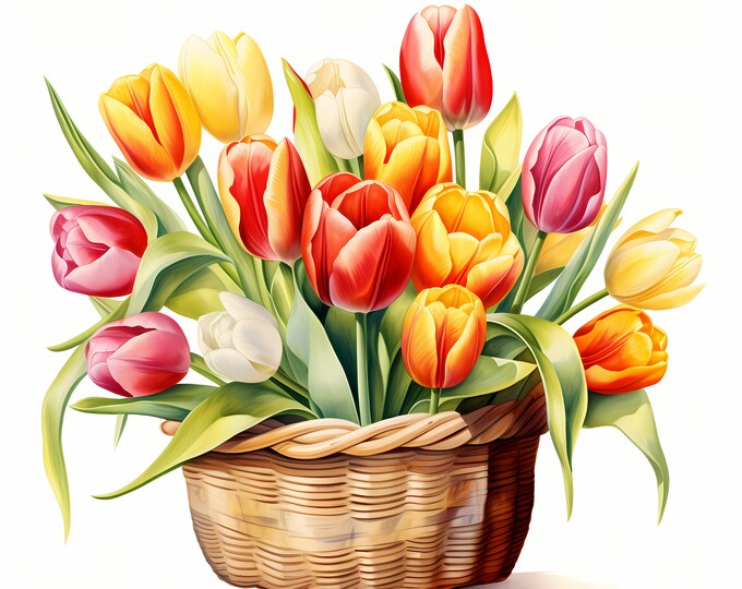 Tulip Basket Clipart, Tulip Flowers Images, 10 Watercolor Clip Art, Printable JPGs, Instant Download, Commercial Use, Paper craft