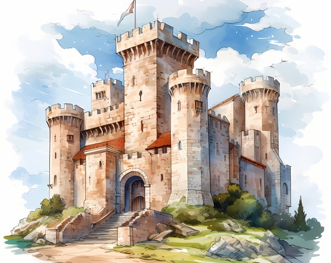 Medieval Castle Clipart, British Castles Images, 10 Watercolor Clip Art, Printable JPGs, Instant Download, Commercial Use, Paper craft