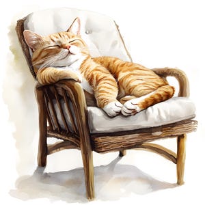 Watercolor Cat Clipart: Relaxing Cat in Chair (JPG Digital Download)